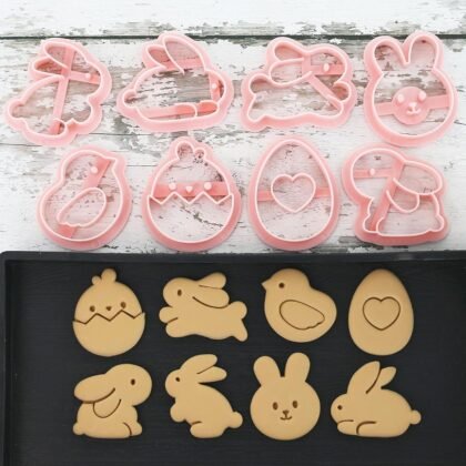 8pcs Mini Easter Cookie Cutters, Bunny, Egg & Chick Shapes, One-Touch Raised Design Easter Cookie Stamps for DIY Baking, Decorating, and Party Fun