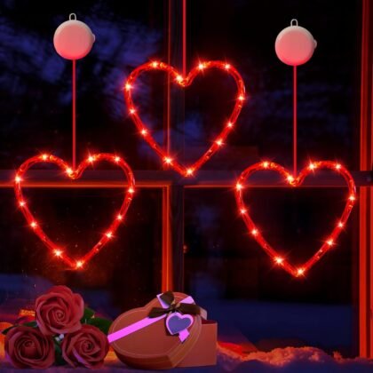 LYUBASA 3 Pack Valentines Day Window Lights Decorations with Timer, Battery Powered Hanging Red Lighted Heart Shaped Silhouette Sucker LED Lamp for Fireplace Indoor Home Decor