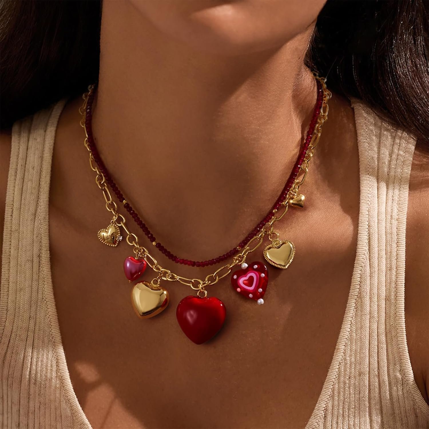 KissYan Heart Charm Necklace for Women, 14K Gold Plated Chunky Red Love Heart Pendant Link Chain Fashion Jewelry Gifts - Image 4