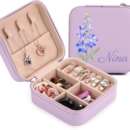 Personalized Leather Jewelry Organizer Box with Name Birthflower Engraved Travel Jewelry Case Organizer for Necklaces/Rings/Earrings Customized Travel Jewelry Box for Women - B: Purple