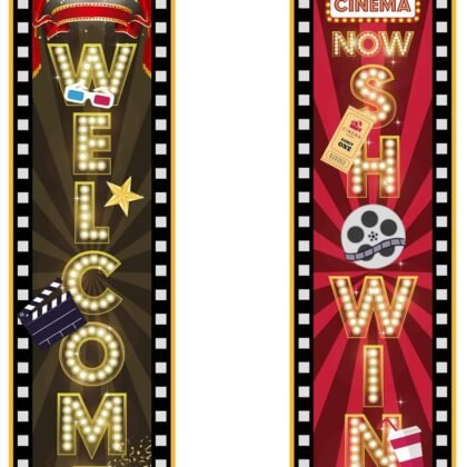 2pcs movie night porch banner, 47.24x11.81in Welcome Now Showing Hanging Sign Movie Night Theme Party Decorations Supplies for Home Film Camera Action Party Backdrop