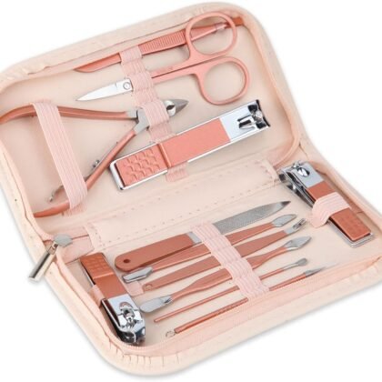 Nail Clippers and Beauty Tool Portable Set Manicure Set 12 in 1, with Pink Leather Bag, Suitable for Home, Workplace, Outdoor Travel, Gift Giving, Salon