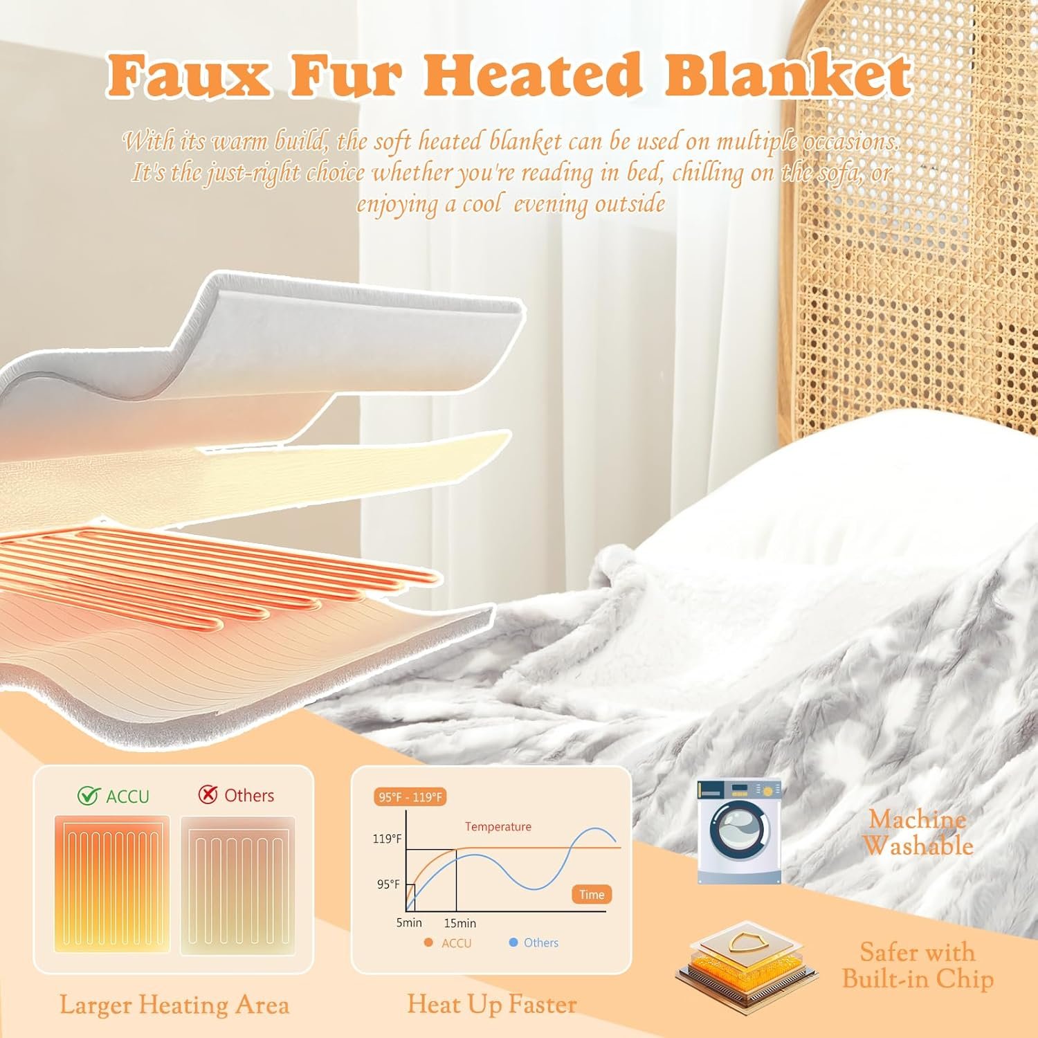 SNUGSUN Heated Throw Blanket Faux Fur & Sherpa, Safe Electric Blanket ETL & FCC Certified, Soft Warm 6 Heating Levels & 4 Hours Auto-Off, Machine Washable, 50"x60" Light Grey & White Pattern - Image 2