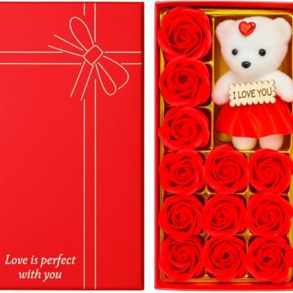 Romantic Rose & Teddy Bear Gift Box – Premium Artificial Flower Arrangement for Valentine’s Day, Anniversary, Birthday & Special Occasions