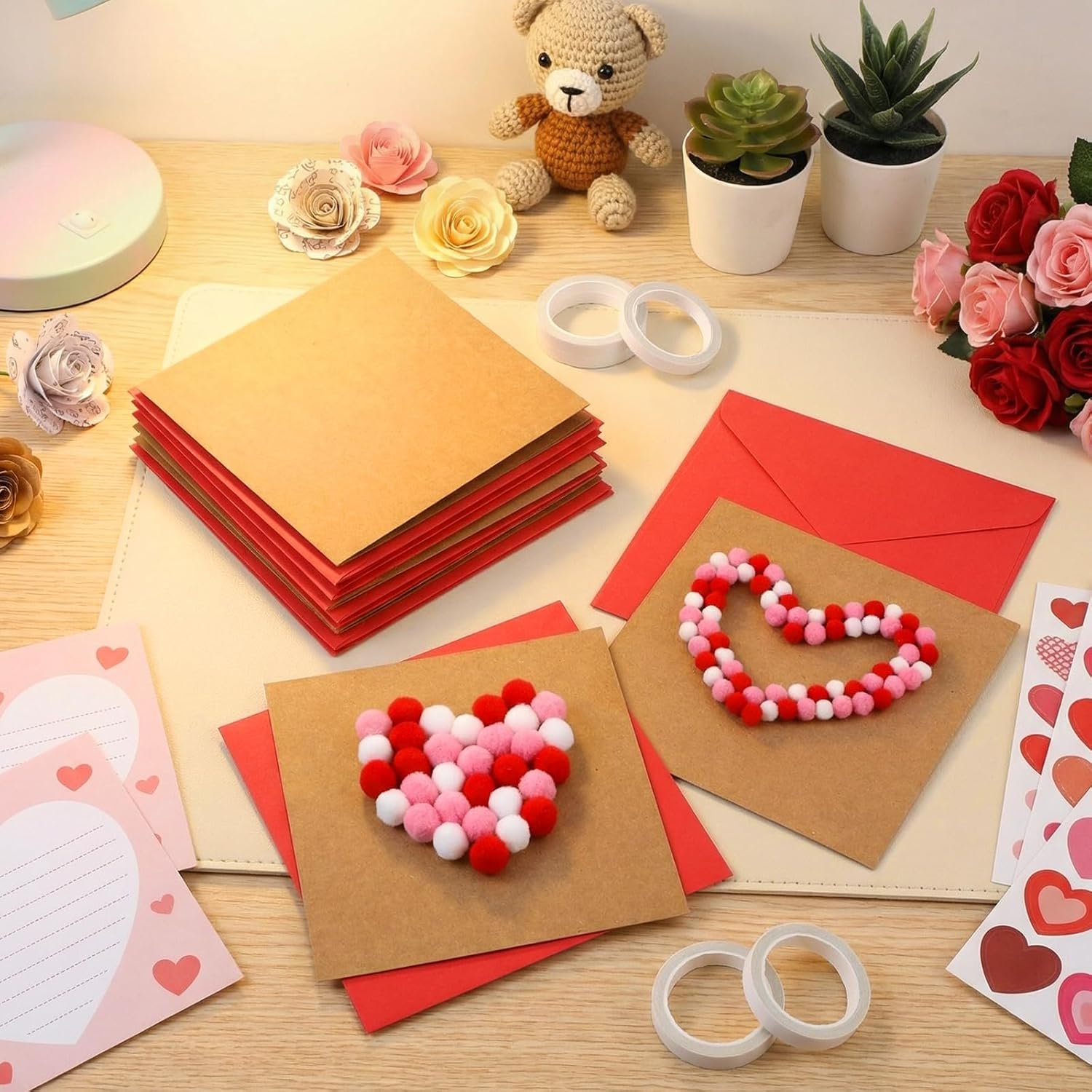 Motipuns 24 Pack Mother's Day DIY Card Making Kit Blank Card Envelopes with 1200 Colorful Pom Poms Balls Heart Decor for Make Your Own Craft Exchange Activity Scrapbook Gift(Pink, Red, White) - Image 5