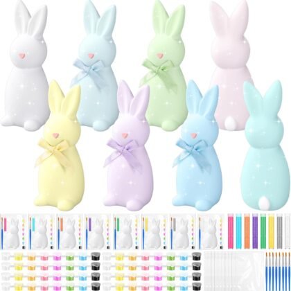 Foilswirl 8 Set Easter Bunny Ceramic to Paint Kits Ready to Paint Your Own Easter Rabbit Statues with Brushes Acrylic Paints Bags DIY Unpainted Ceramics Crafts for Kids Adults(Bow Style)
