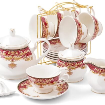 DUJUST 22 pcs Royal Vintage Porcelain Tea Set for 6, Luxury British Tea Sets for Adults with Red Patterns & Golden Trim, Beautiful Floral Tea/Coffee Cup Set, Gift Package - Royal Treat for You