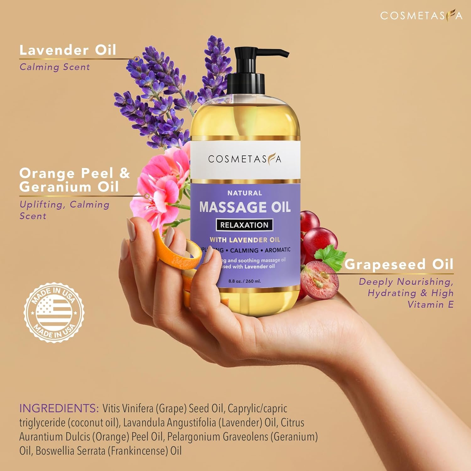 Cosmetasa Lavender Massage Oil for Massage Therapy with Roller - All Natural, Cruelty-Free & Spa Quality Skin Therapy Oil & Soothing Care - Lavender, Geranium & Grapeseed Oil (8.8 oz) - Image 2