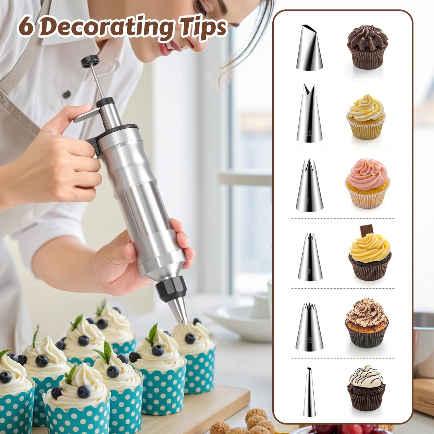 Dessert Decorating Syringe Set, Stainless Steel Frosting & Icing Piping Kit with 6 Tips and 9 Silicone Cupcakes,3 Cream Scraper for Cake Decorating Tools Cupcake Decorating Kit - Image 4