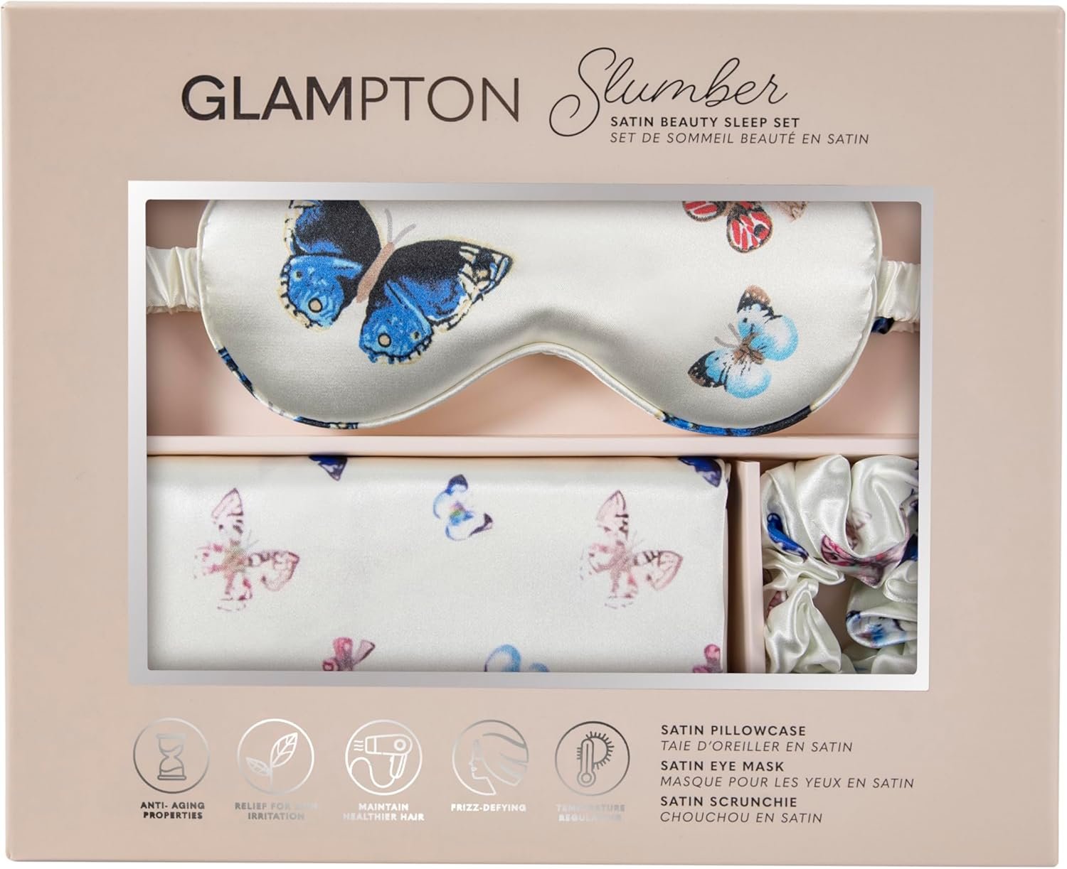 Slumber Satin Beauty Sleep Set, Butterfly, 3-Piece Set with Pillowcase, Eye Mask, and Scrunchie