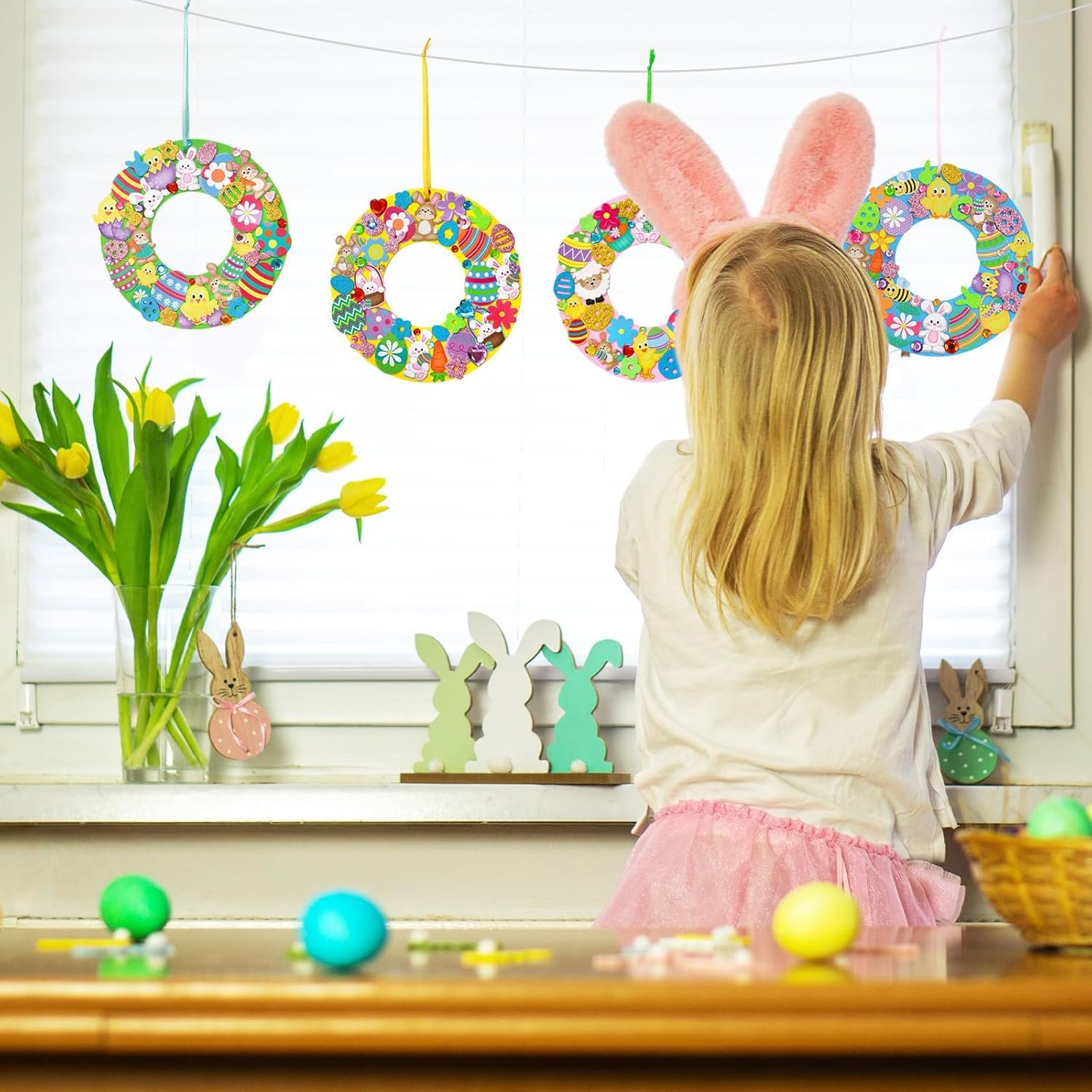 Treasure Cove Easter Crafts for Kids Easter Wreath Craft Kits DIY Foam Wreath Decorations Hanging Ornaments with Foam Stickers for Spring Classroom Home Activity Party Decor 12 Sets - Image 5
