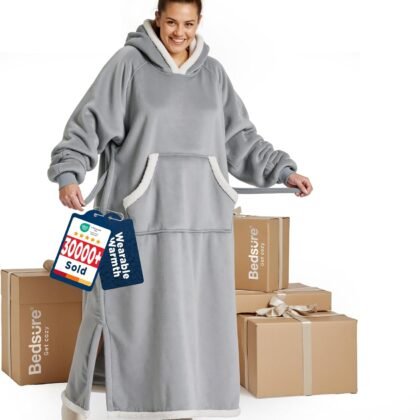 Bedsure Wearable Blanket Hoodie, Long Hooded Blanket Sweatshirt as Mothers Birthday Gifts for Women, Cozy Sherpa Hoodie for Adult, Standard, Grey