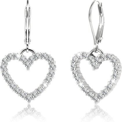 925 Sterling Silver Heart Dangle Earrings, Hypoallergenic Gold ALEXCRAFT Dangling Drop Earring for Women Leverback Cubic Zirconia Hearts Shaped Earing of Valentine