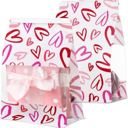 Hallswl 28pcs Valentines Day Gift Bags with Window and Tin Tie Lock,Pink Heart Pattern Plastic Treat Goodie Bag for Candy Bakery Cookie Snack Storage Party Favor Classroom Gift,8 * 5inch