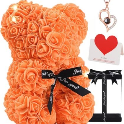 Rose Bear Flower Bear Gift Set for Mother's Day, Birthday, Anniversary, Orange Foam Rose Teddy Bear with Necklace, Message Card & Clear Display Box for Mom, Wife or Girlfriend