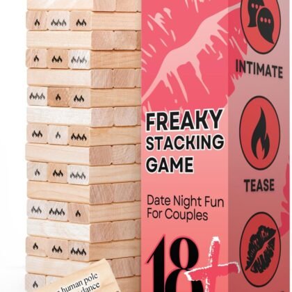 54Pcs Couples Games for Adults, Super Naughty Tumbling Wooden Lust Tower Stacking Game with Intimate Dares for Date Night Party, Spicy Romantic Intimacy Valentines Day for Couple