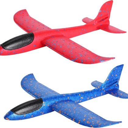 GSM Brands Foam Airplane Toys 2 Pack, 17.71 Inch Throwing Glider with Flight Upgrade 2 Tail Position Option (1 Red, 1 Blue)