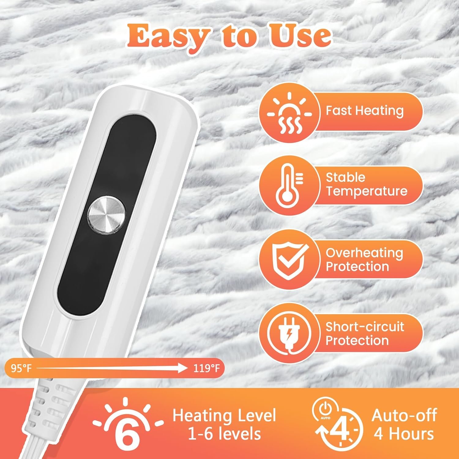 SNUGSUN Heated Throw Blanket Faux Fur & Sherpa, Safe Electric Blanket ETL & FCC Certified, Soft Warm 6 Heating Levels & 4 Hours Auto-Off, Machine Washable, 50"x60" Light Grey & White Pattern - Image 4