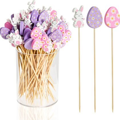 100 Pack Easter Cocktail Picks, Bunny Egg Toothpicks for Appetizers, 4.7 Inch Rabbit Natural Bamboo Wooden Charcuterie Boards Accessories for Skewers Drink Stirrers Fancy Party Decorations Food Picks
