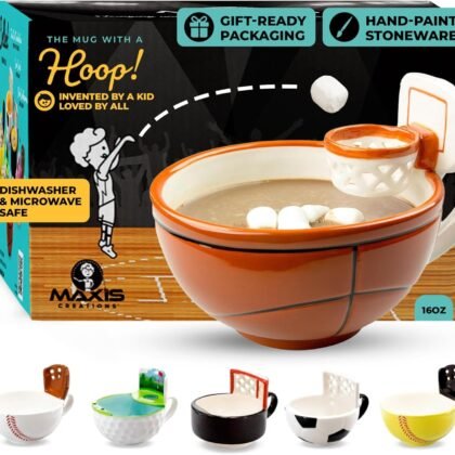 MAX'IS Creations The Mug with a Hoop Basketball Mug Funny Ceramic Coffee Mugs Cereal Bowl Sports Coach Kids Basketball Gifts for Boys 8-12 12-14 Girls Stuff Accessories Mini-Hoop for Kids, 16oz