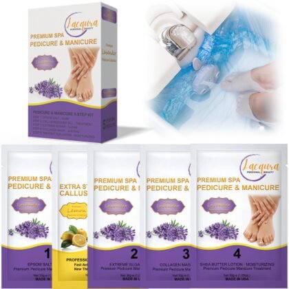 Epsom Salt Soak, Callus Remover Gel, Sugar Scrub, Collagen Mask & Shea Butter Lotion – Professional Spa Foot Care System 5 Step Luxury Pedicure Kit. Lavender 01 Set