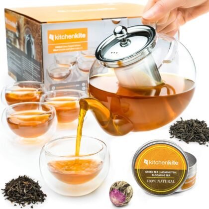 Glass Teapot Set with 4 Double Wall Tea Cups & Removable Stainless Steel Infuser, 35oz/1000ml Borosilicate Tea Kettle Stovetop Safe, Loose Leaf & Blooming Tea Maker Gift Set for Women