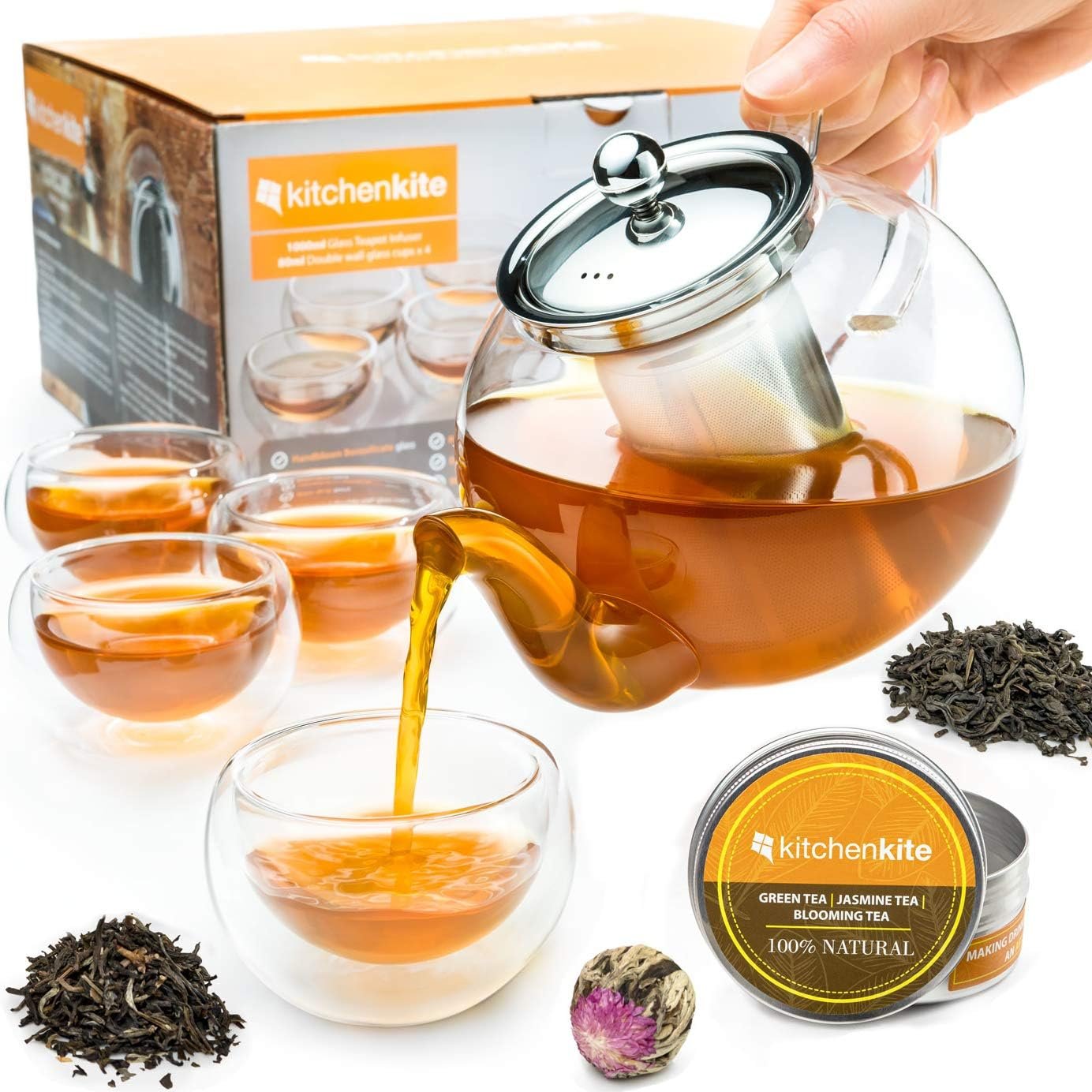 Glass Teapot Set with 4 Double Wall Tea Cups & Removable Stainless Steel Infuser, 35oz/1000ml Borosilicate Tea Kettle Stovetop Safe, Loose Leaf & Blooming Tea Maker Gift Set for Women