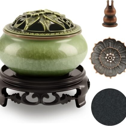 Ceramic Incense Burner with Lotus Incense Holder, Multi-Functional Incense Burner Holder for Incense Sticks, Coil Incense and Cones, Perfect Home Decor