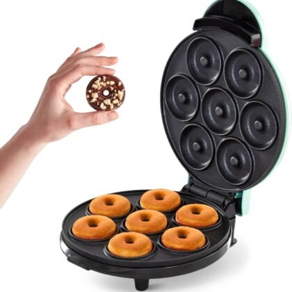 Dash Express Mini Donut Maker - Homemade Dessert Maker - Features Double-Sided, Non-Stick Surface & Space-Saving Design - Makes 7 - Aqua