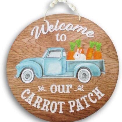 Little Bunny Truck Easter Decor Glitter Hanging Sign - 11.5 Inch Diameter (Pink)