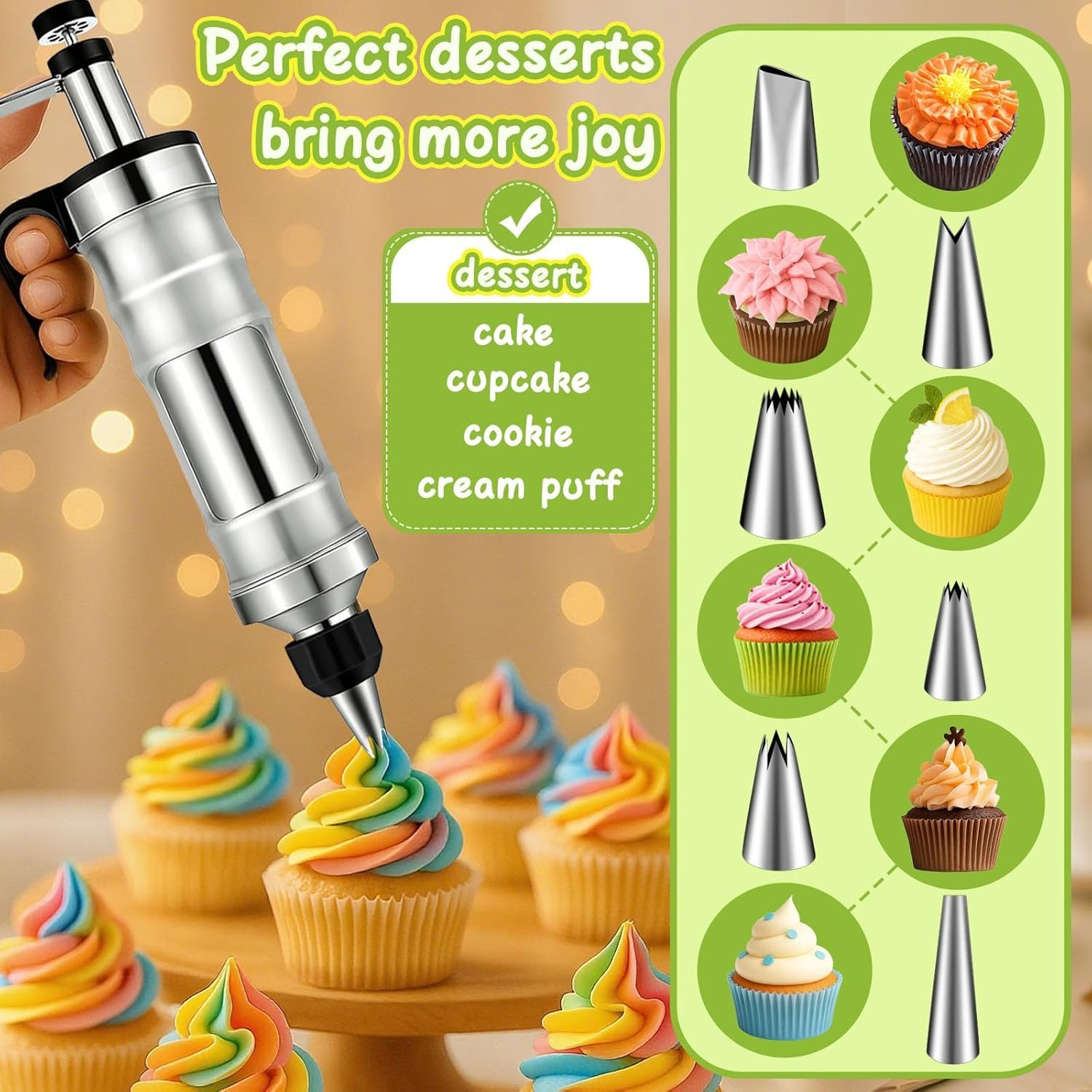FANTEXY Dessert Decorating Syringe Set, Icing Piping Kit Stainless Steels Cake Decorating Tools 6 Piping Icing Nozzles Cupcake Decorating Kit - Image 2