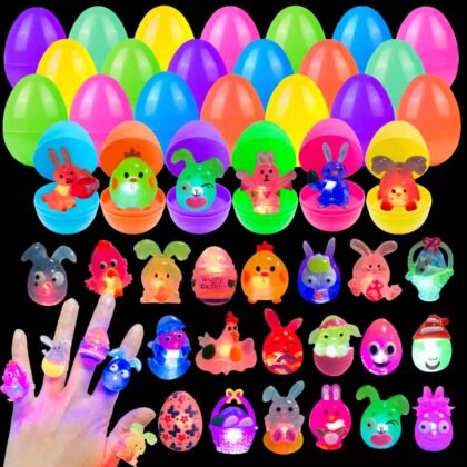 24 Pack Prefilled Easter Eggs with 3D Finger Lights Up Rings Toys Grow in the Dark Great for Kids Girls Boys Easter Basket Stuffers Party Favors Eggs Fillers