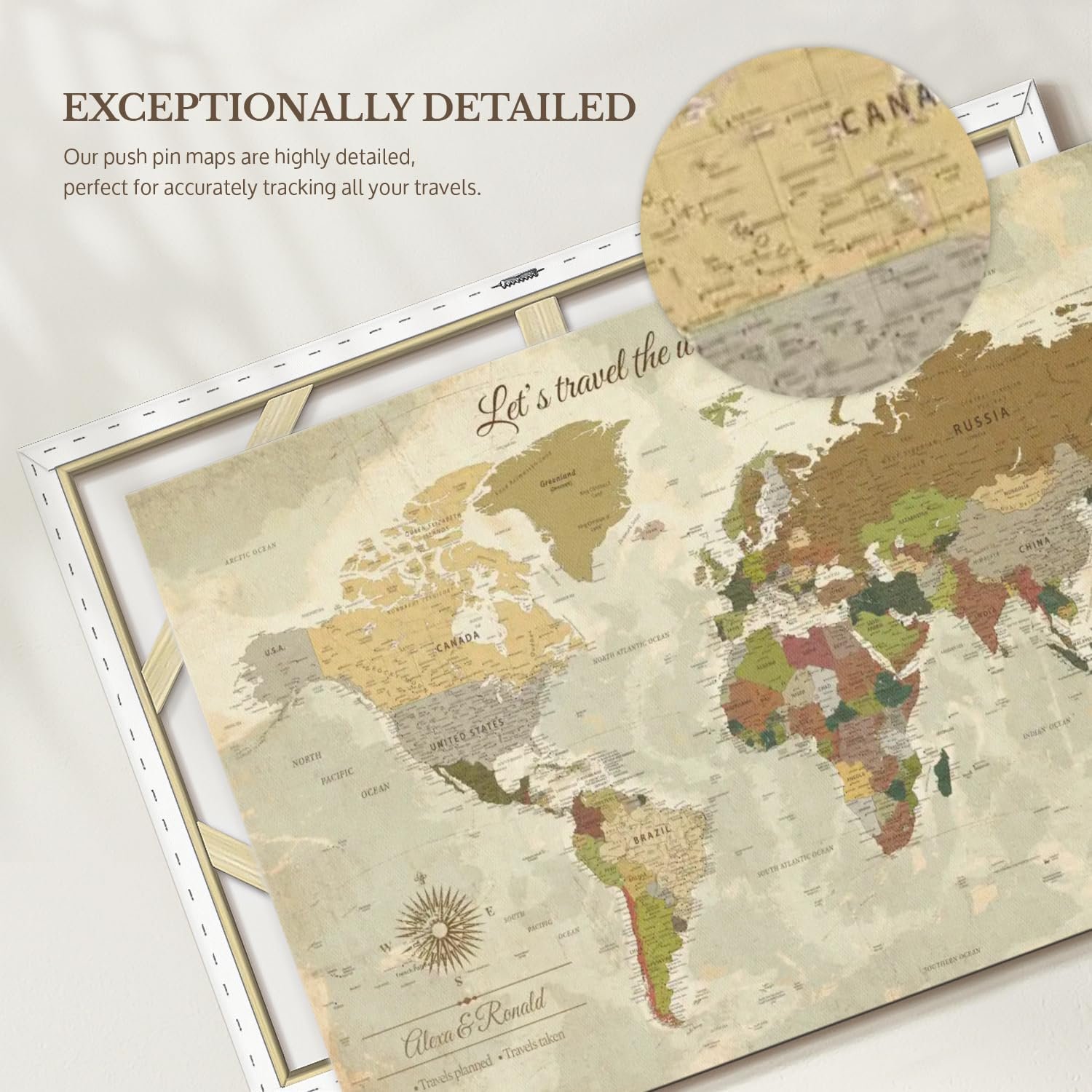 ElephantStock - Personalized Travel Together I Push Pin World Map Wall Art - Horizontal Canvas Wall Art - Living Room Wall Decor - Digital Art Map Canvas Art - Brown And Yellow Decor - 24" x 16" - Image 6