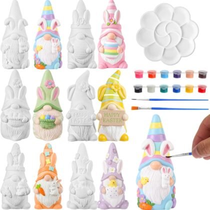 Arrowbash 6 Pcs Easter Ceramics to Draw Ready to Paint Your Own Gnome Statues 5.12 Easter Egg Rabbit Theme Paintable Figurines DIY White Ceramics Plaster Crafts Kit with Brush Palette