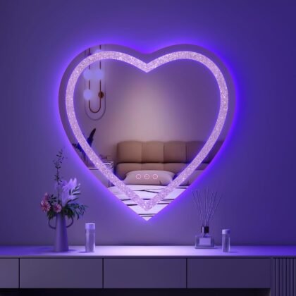 28"x28" Heart Shaped Mirror Crushed Diamond, RGBWY LED Heart Vanity Mirror with Lights, 3 Lighting Modes and 8 Static Colors, Wall Mounted LED Bathroom Mirror, Dimmable