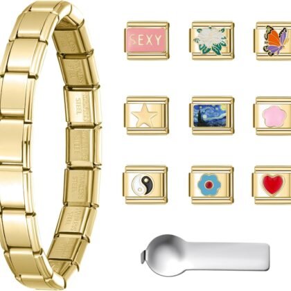 SWEETV Stainless Steel 18 Link Polish Italian Charm Bracelet with 1Pcs Starter Brascelet, 9Pcs/20Pcs Charms and Opening Tools, Classic 9mm Modular Charm, Personalized Jewelry Gift