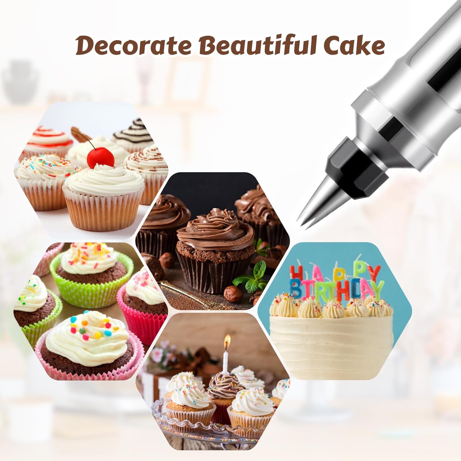 Dessert Decorating Syringe Set, Stainless Steel Frosting & Icing Piping Kit with 6 Tips and 9 Silicone Cupcakes,3 Cream Scraper for Cake Decorating Tools Cupcake Decorating Kit - Image 6