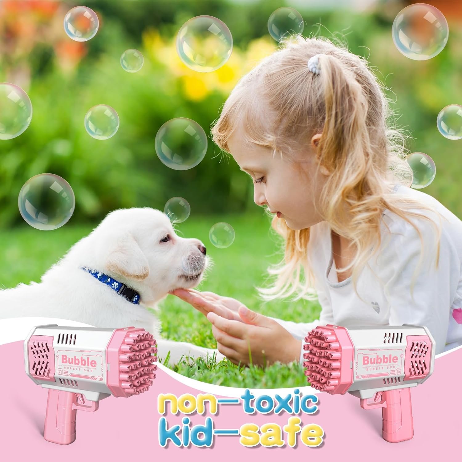 2 Bubble Gun with 2 Bottles Refill Solution for Kids, 40-Hole Light Up Bubble Machine for Toddlers 1-3, Pink Bubble Blaster Maker, Party Favors Toys for Boys Girls 4-8 Birthday Gifts - Image 4