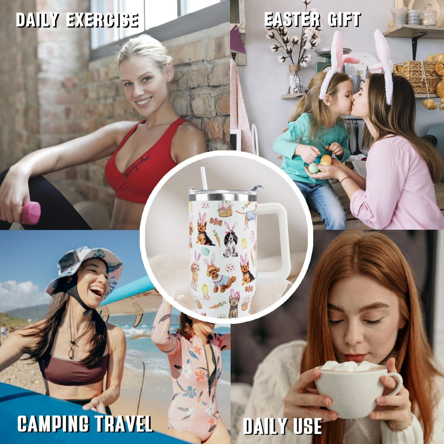 Easter Tumbler 40 oz Bunny Ears Dog Cup Coffee Mugs Cute Puppy Chick Leak Proof Cups with Handle and Straw Stainless Steel Vacuum Insulated Water Bottle Easter Gifts Spring Decor (1PCS) - Image 7