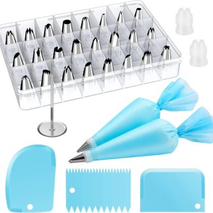 Kootek 32-Piece Piping Bags and Tips Set with 24 Icing Piping Tips, 2 Reusable Pastry Bags 12 Inch, Reusable Piping Icing Bags and Tips, Cake Decorating Kit for Frosting Cookie, Cupcake