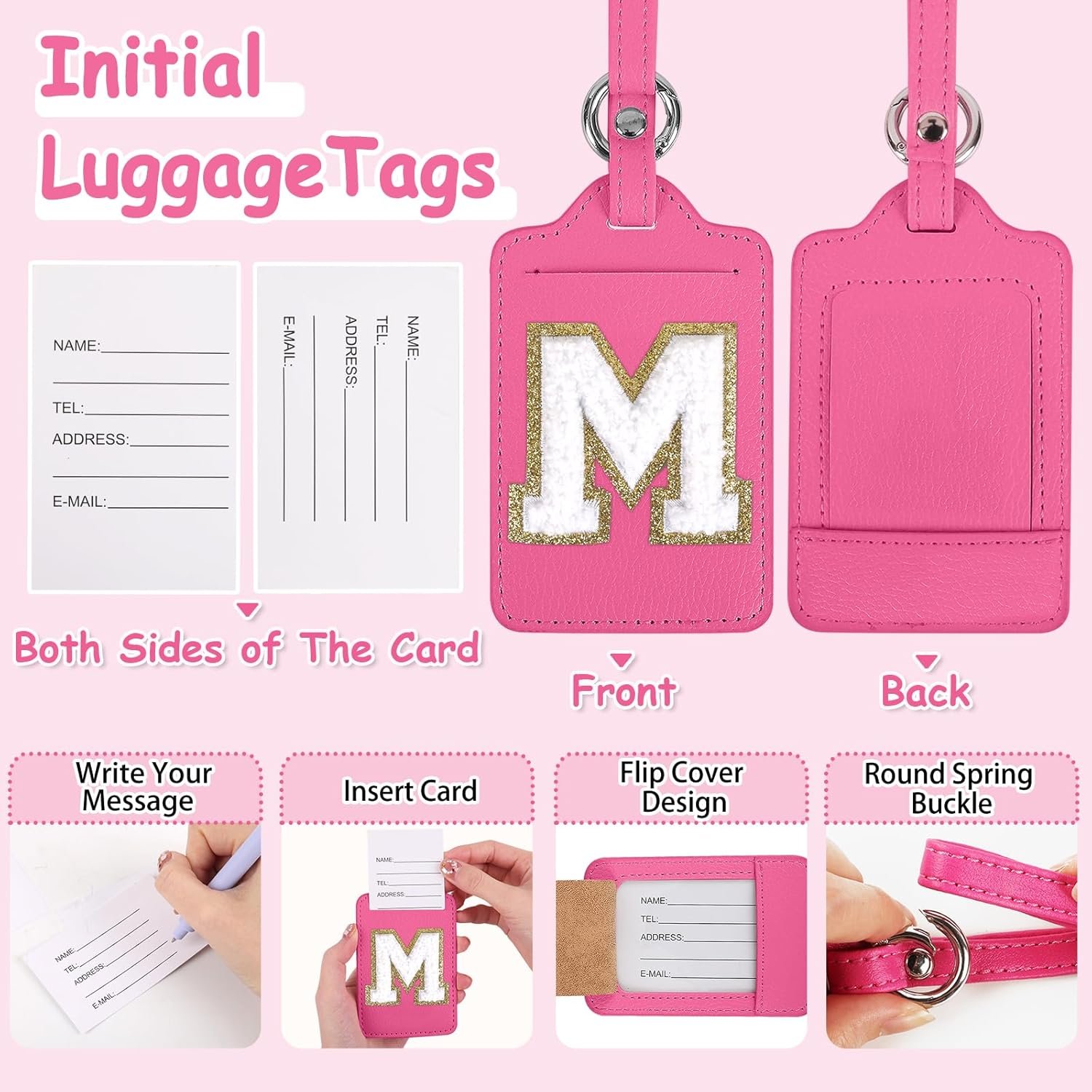 Personalized Initial Luggage Tags for Suitcases, Cute PU Leather Travel Letter Luggage Tags,Suitcase Identifier Name Baggage Tag,Bag Tags for Men Women Kids Luggage Handbags(Rosered-White M) - Image 3