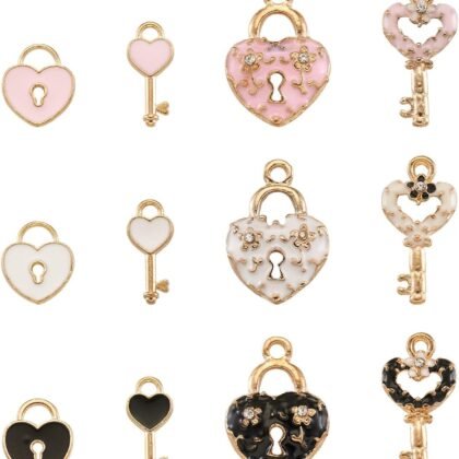 Pandahall 60pcs Heart Lock and Key Charms Mini Alloy Enamel Padlock & Heart Key Pendants with Rhinestone Light Gold Plated for Valentine's Day Locked Bracelet Necklace Jewelry Making