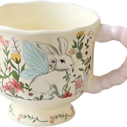 Rabbit Ceramic Coffee Mug, 13oz Cute Cartoon Tea Cup with Handle, Animals Porcelain Mug for Latte Cappuccino Milk Cocoa, Kawaii Birthday Easter Gifts for Girl Friends Mom