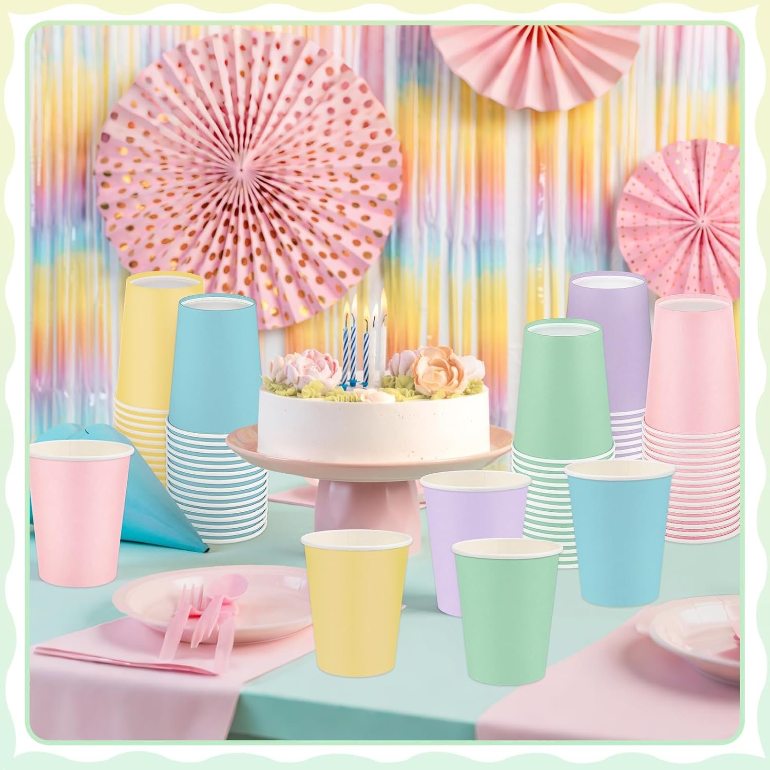 100 Pack Pastel Rainbow Paper Cups, 9oz Pastel Party Cups Colored Paper Cup, Disposable Easter Cups Bulk for Birthday Holiday Easter Party Supplies, 5 Colors - Image 5