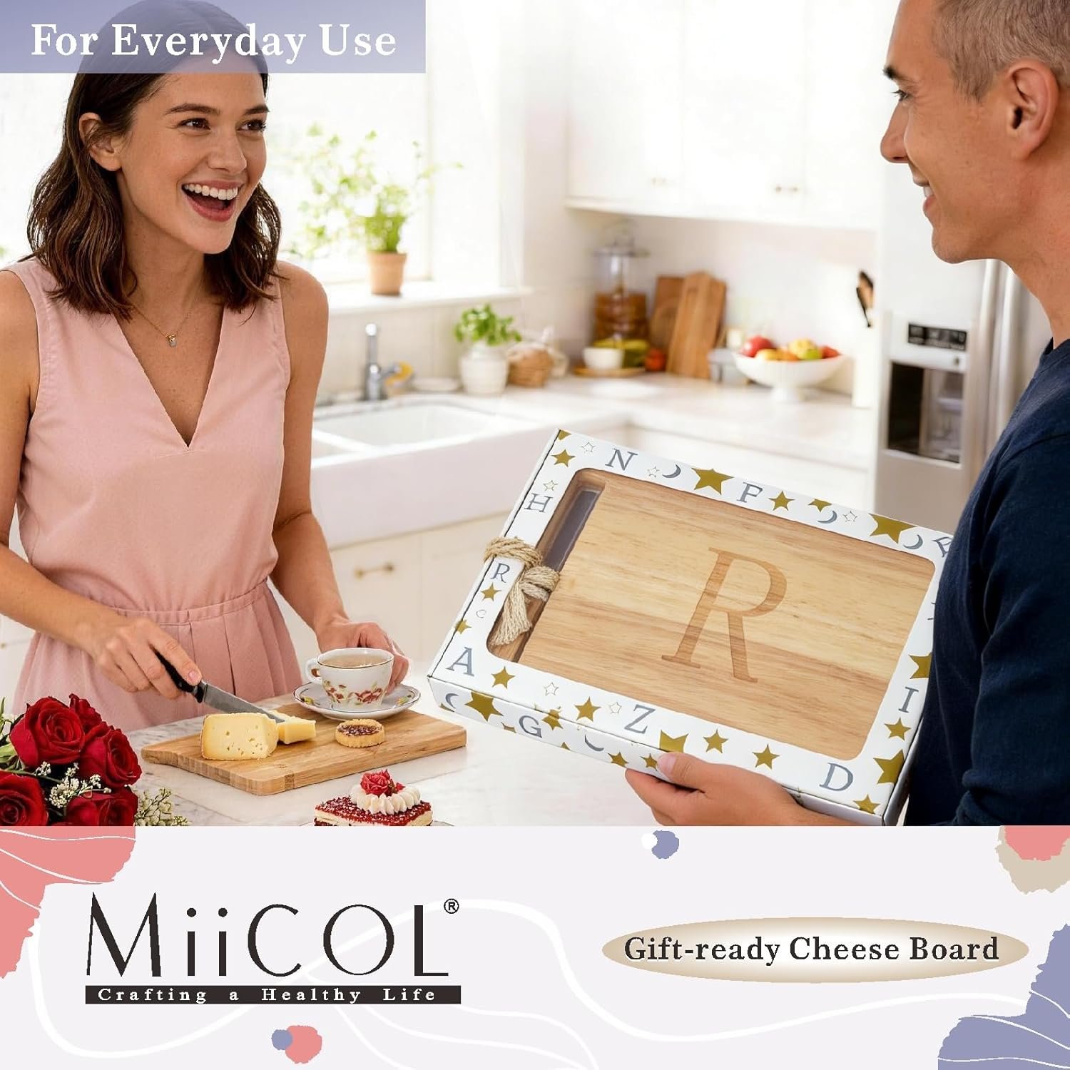 Miicol Wood Charcuterie Board, Monogram Cheese Board 10 Inch, Personalized Initial Cutting Board with Spreader, Unique Housewarming Gift, Ideal for Kitchen, Home, Letter R - Image 7