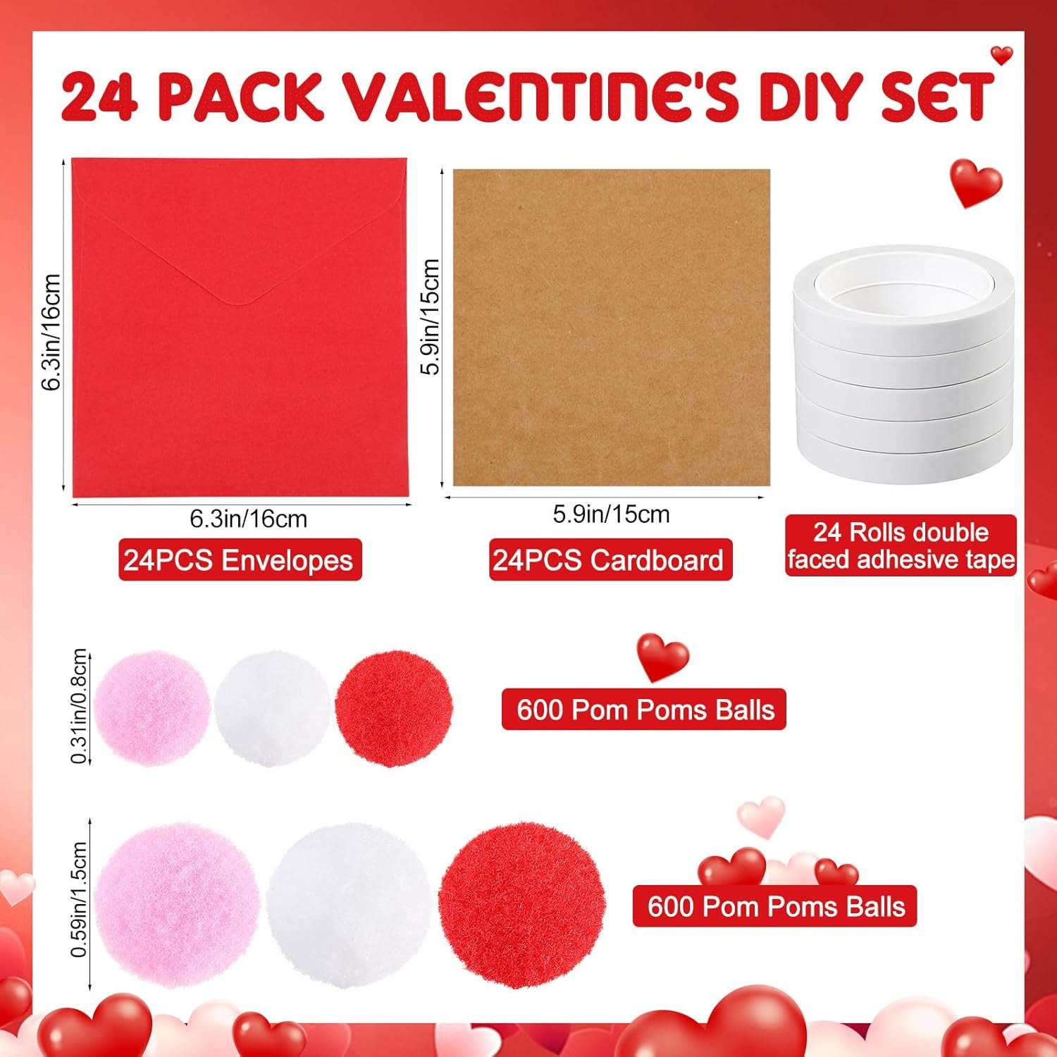 Motipuns 24 Pack Mother's Day DIY Card Making Kit Blank Card Envelopes with 1200 Colorful Pom Poms Balls Heart Decor for Make Your Own Craft Exchange Activity Scrapbook Gift(Pink, Red, White) - Image 2