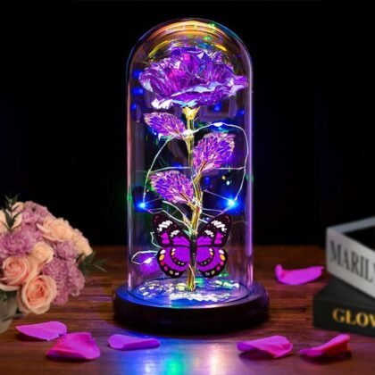 Thrjia Mothers Day Roses Flowers Gifts for Mom Women Wife Her,Mother Day Rose Gifts for Mom Women,Light Up Rose in A Glass Dome Butterfly Birthday Presents Wife Grandma from Daughter Purple Rose