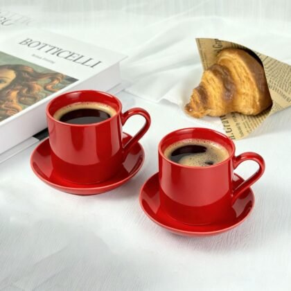 Espresso Cups Set of 2 with Saucer Standard capacity 3.5oz, Ceramic Double Espresso shot Mugs for Espresso Machine - Gifts for Valentine‘s Day, Red