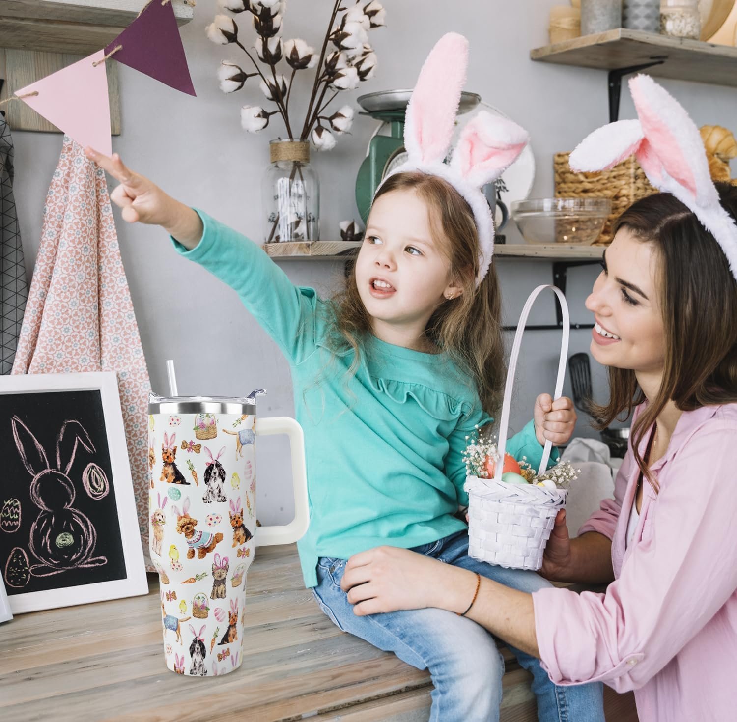 Easter Tumbler 40 oz Bunny Ears Dog Cup Coffee Mugs Cute Puppy Chick Leak Proof Cups with Handle and Straw Stainless Steel Vacuum Insulated Water Bottle Easter Gifts Spring Decor (1PCS) - Image 2