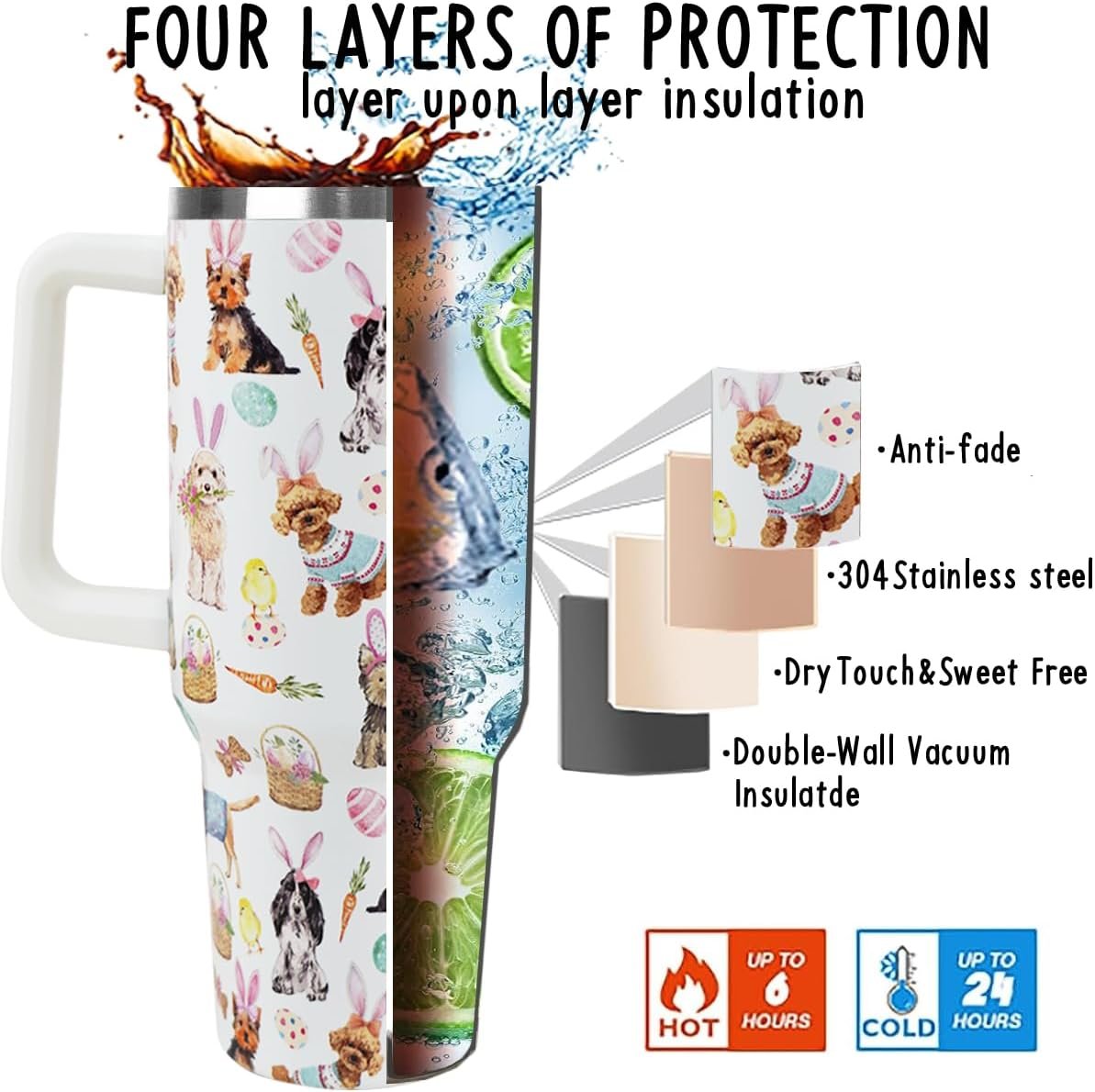 Easter Tumbler 40 oz Bunny Ears Dog Cup Coffee Mugs Cute Puppy Chick Leak Proof Cups with Handle and Straw Stainless Steel Vacuum Insulated Water Bottle Easter Gifts Spring Decor (1PCS) - Image 4
